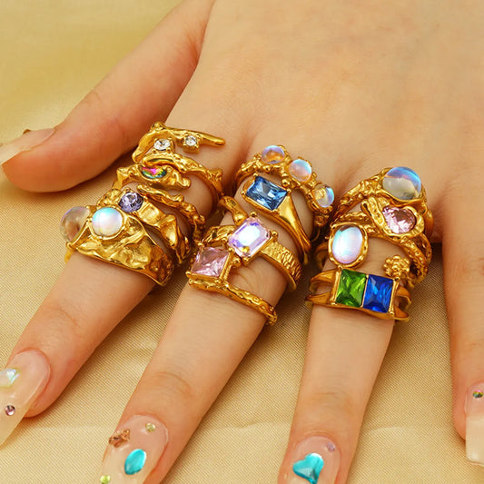 Retro Geometric 304 Stainless Steel 18K Gold Plated Zircon Open Rings In Bulk