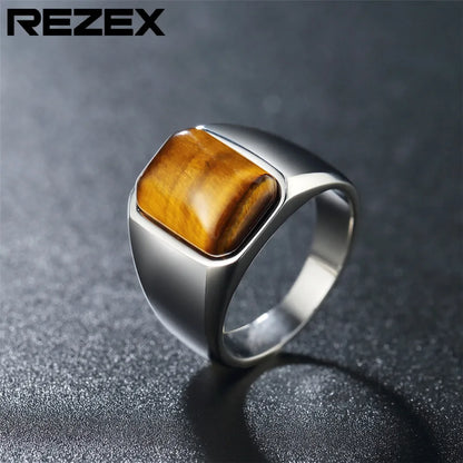 Retro Geometric 304 Stainless Steel Natural Stone 18K Gold Plated Men'S Rings