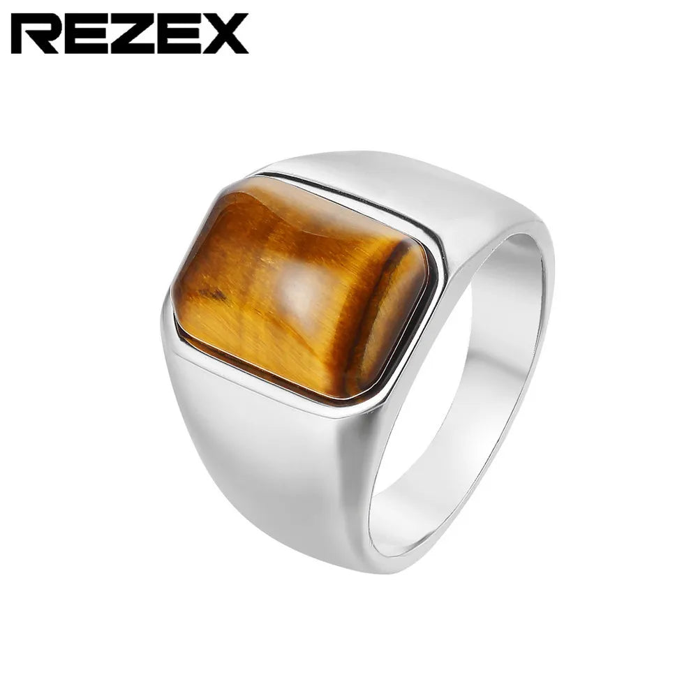 Retro Geometric 304 Stainless Steel Natural Stone 18K Gold Plated Men'S Rings