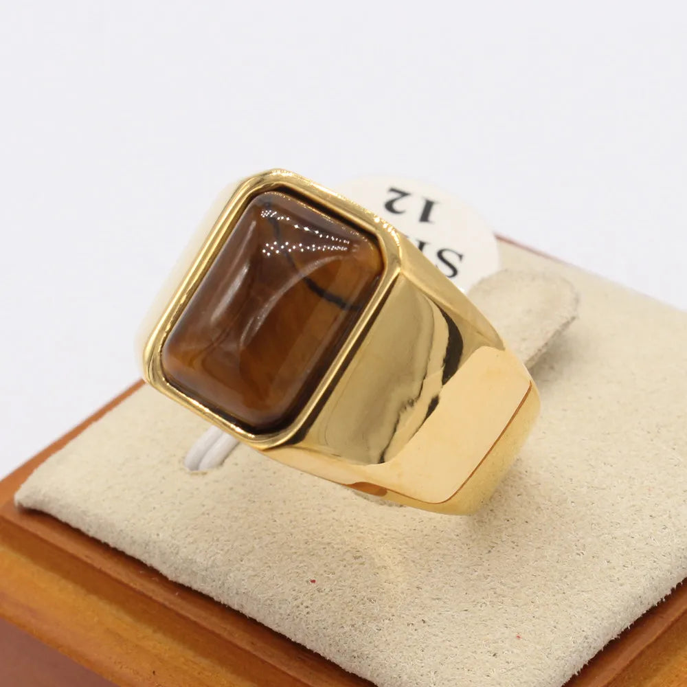 Retro Geometric 304 Stainless Steel Natural Stone 18K Gold Plated Men'S Rings