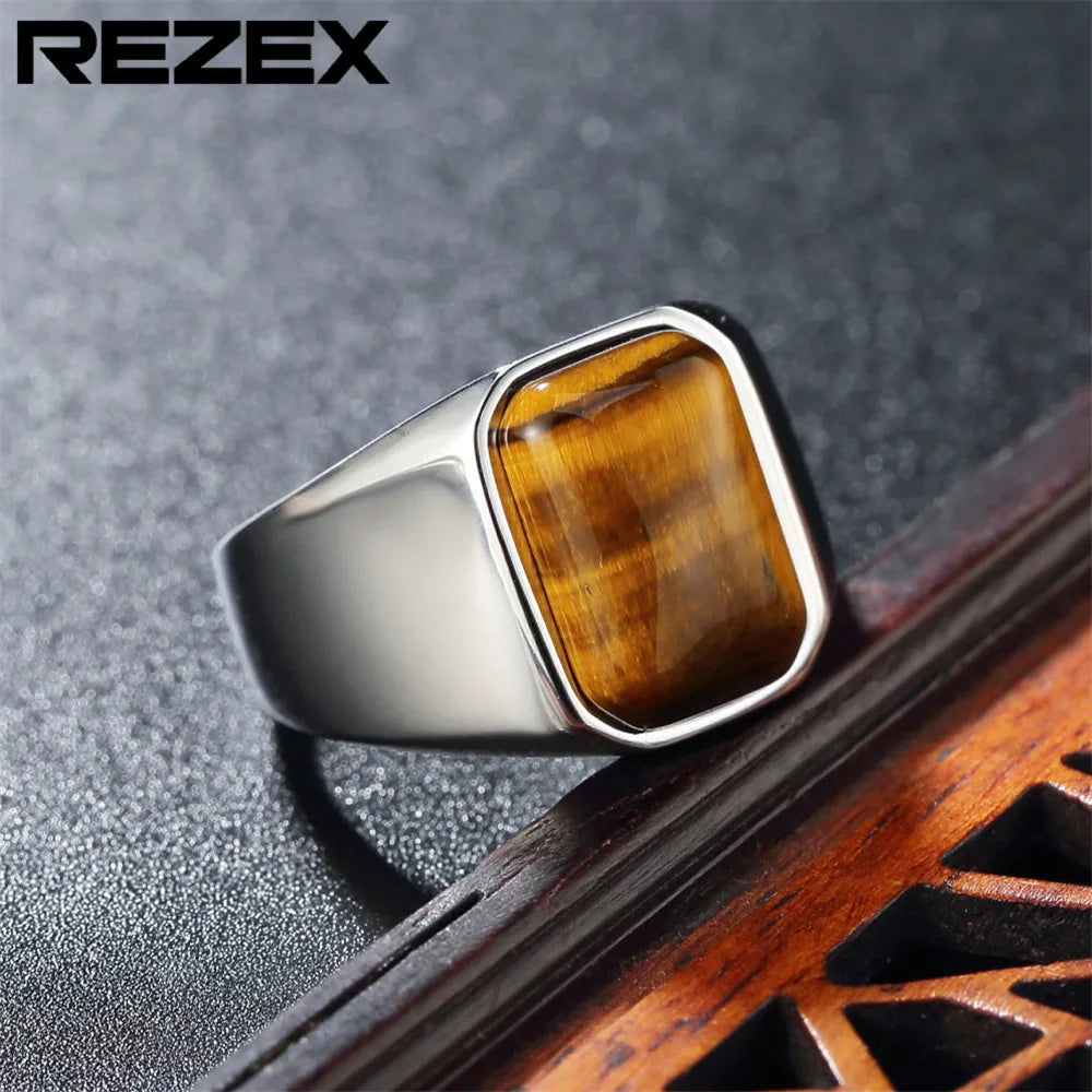 Retro Geometric 304 Stainless Steel Natural Stone 18K Gold Plated Men'S Rings