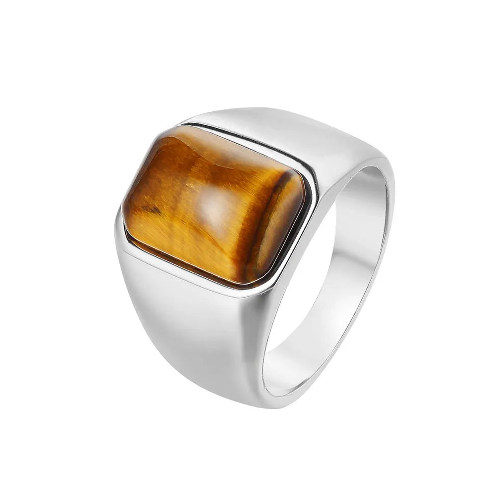 Retro Geometric 304 Stainless Steel Natural Stone 18K Gold Plated Men'S Rings