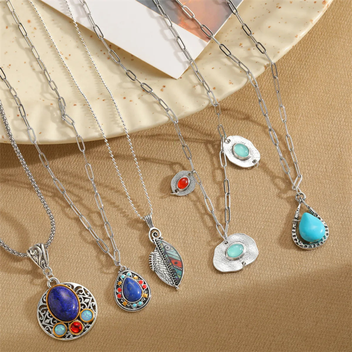 Retro Geometric Alloy Inlay Natural Stone Silver Plated Women's Necklace