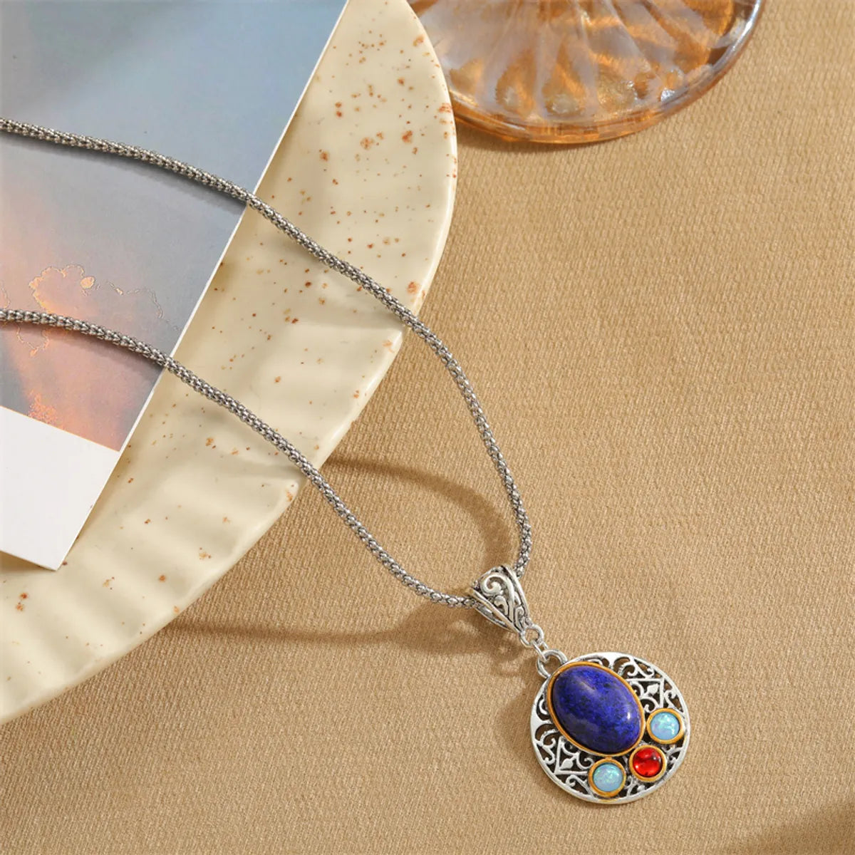 Retro Geometric Alloy Inlay Natural Stone Silver Plated Women's Necklace