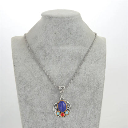 Retro Geometric Alloy Inlay Natural Stone Silver Plated Women's Necklace