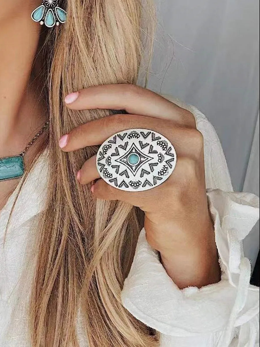 Retro Geometric Alloy Inlay Turquoise Women's Open Rings