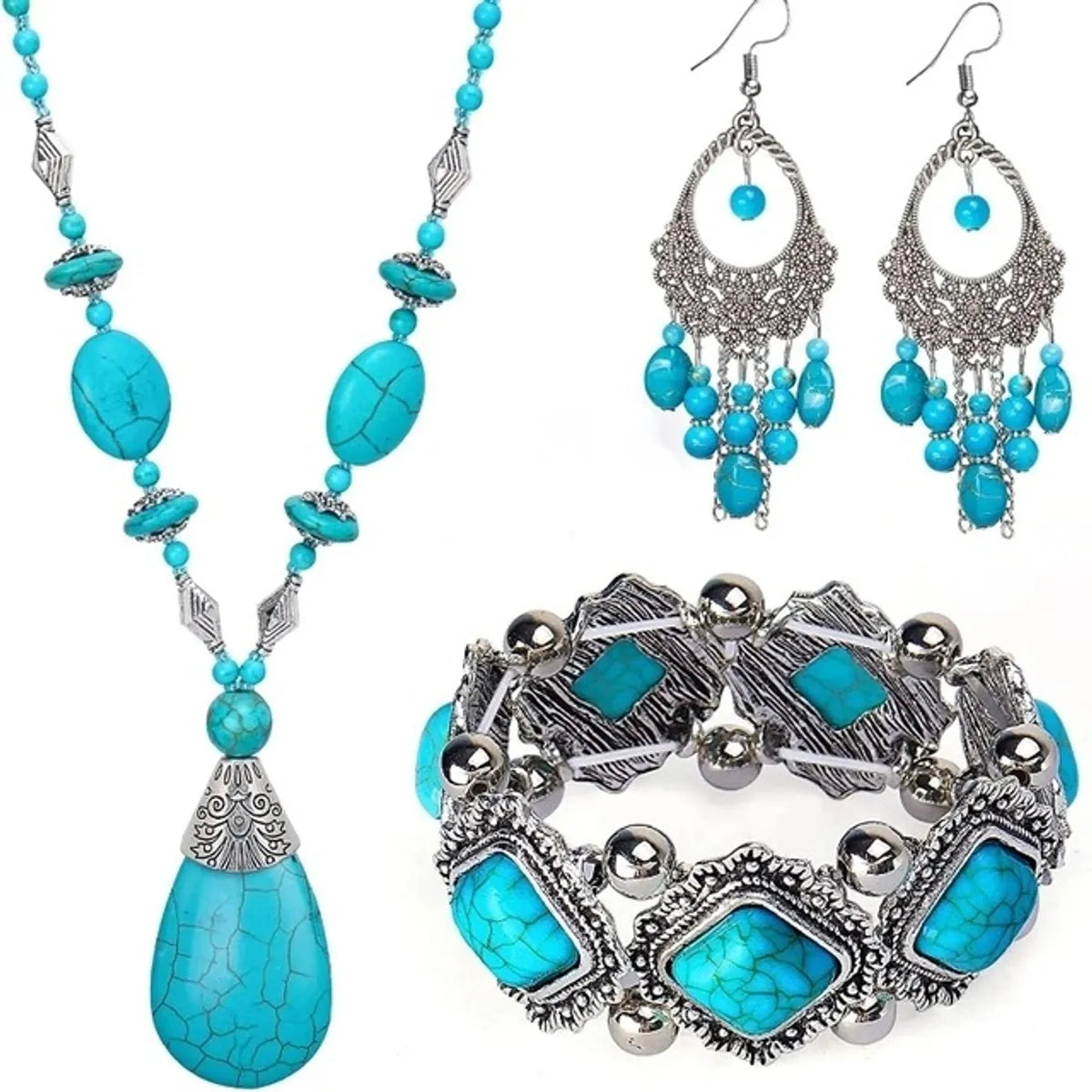 Retro Geometric Alloy Turquoise Wholesale Bracelets Earrings Necklace