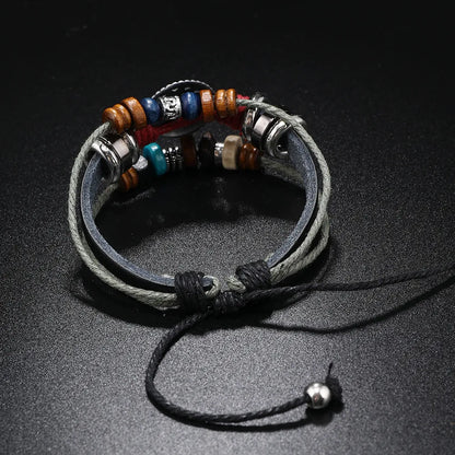 Retro Geometric Alloy Wooden Beads Cowhide Handmade Unisex Bracelets