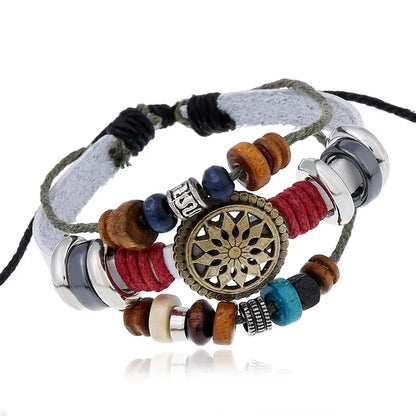 Retro Geometric Alloy Wooden Beads Cowhide Handmade Unisex Bracelets