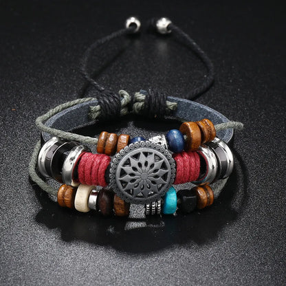 Retro Geometric Alloy Wooden Beads Cowhide Handmade Unisex Bracelets