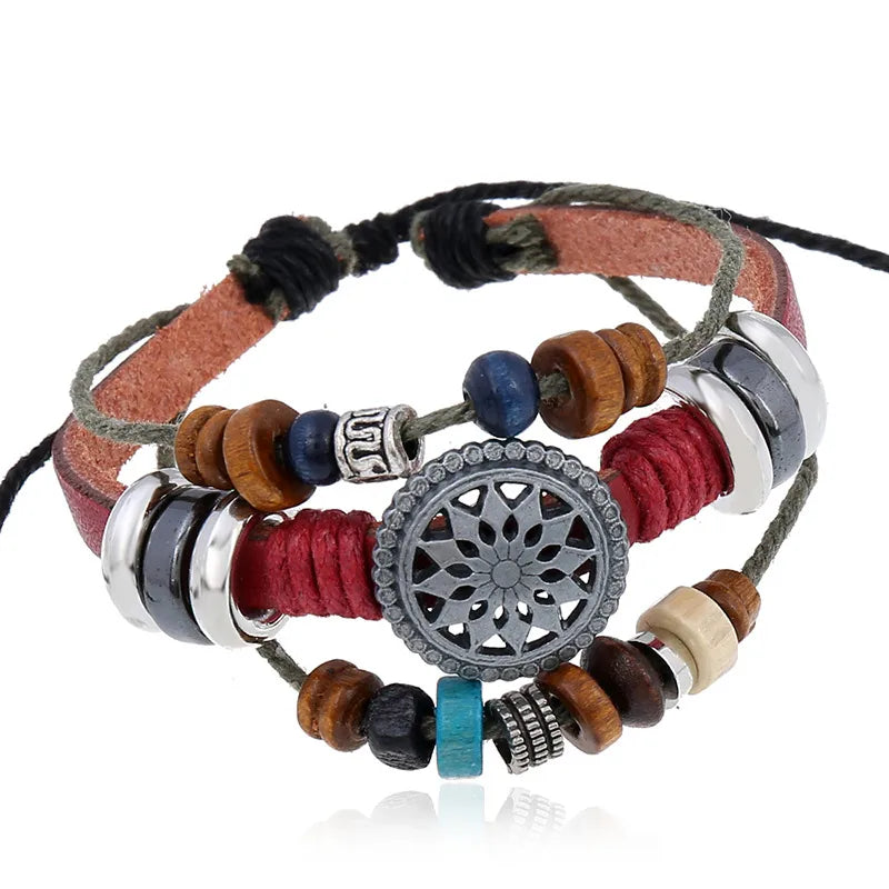 Retro Geometric Alloy Wooden Beads Cowhide Handmade Unisex Bracelets