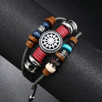 Retro Geometric Alloy Wooden Beads Cowhide Handmade Unisex Bracelets