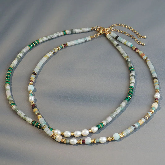 Retro Geometric Color Block Malachite Freshwater Pearl Copper Necklace In Bulk