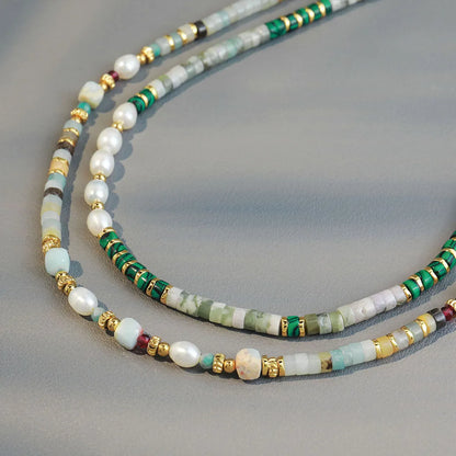 Retro Geometric Color Block Malachite Freshwater Pearl Copper Necklace In Bulk