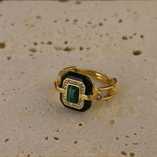 Retro Geometric Color Block Square Malachite Agate Plating Women's Open Rings