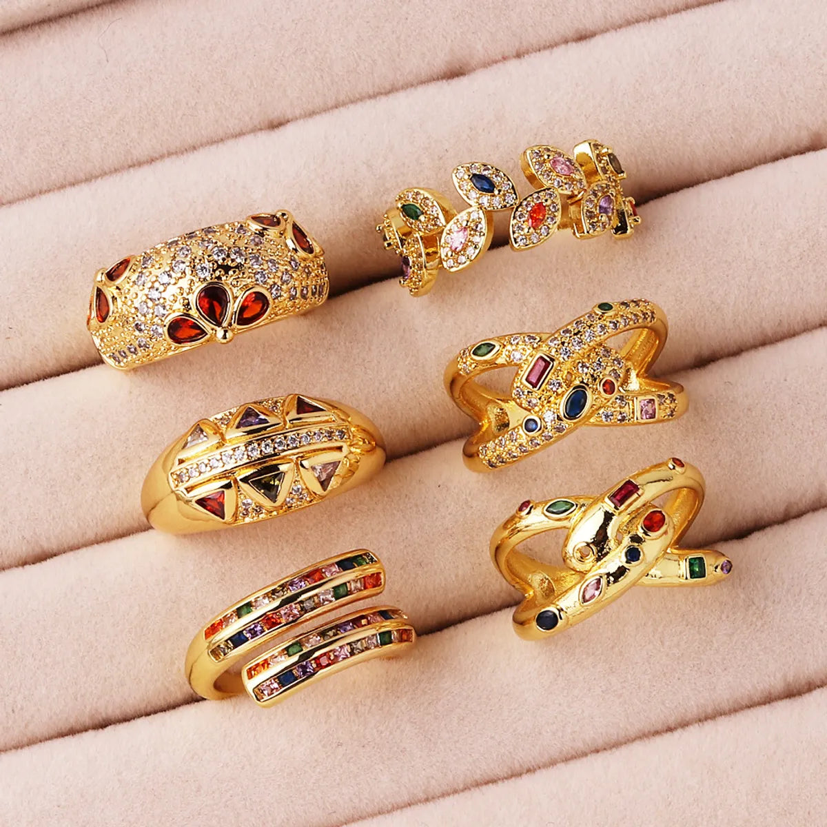 Retro Geometric Copper Inlay Zircon Open Rings