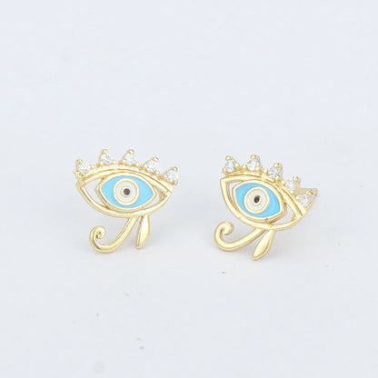 Retro Geometric Eye Copper Ear Studs Stoving Varnish Zircon Copper Earrings