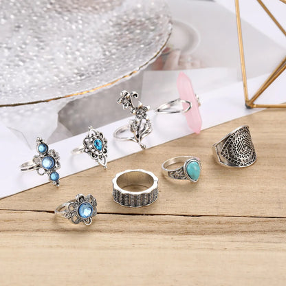 Retro Geometric Flower Alloy Inlay Turquoise Rings