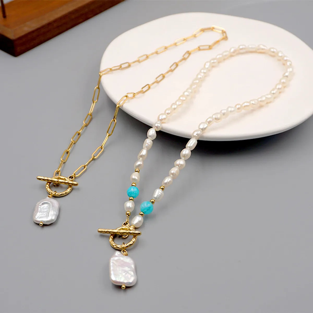 Retro Geometric Freshwater Pearl Titanium Steel Beaded Plating Pendant Necklace