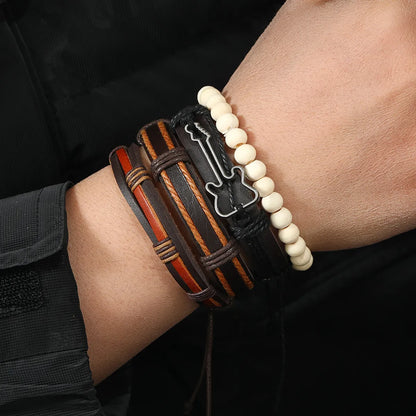 Retro Geometric Guitar Pu Leather Alloy Wooden Beads Beaded Braid Men'S Bracelets