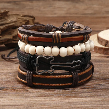 Retro Geometric Guitar Pu Leather Alloy Wooden Beads Beaded Braid Men'S Bracelets