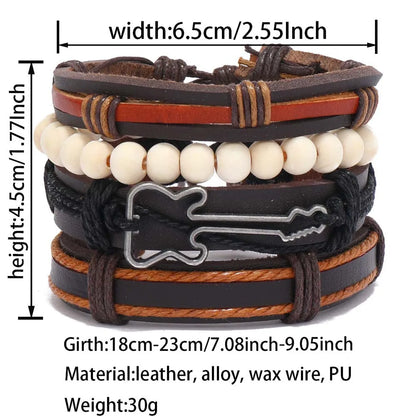 Retro Geometric Guitar Pu Leather Alloy Wooden Beads Beaded Braid Men'S Bracelets