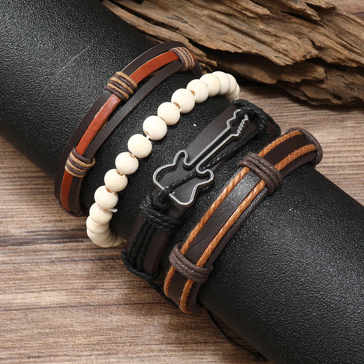 Retro Geometric Guitar Pu Leather Alloy Wooden Beads Beaded Braid Men'S Bracelets