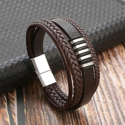 Retro Geometric Leather Titanium Steel Braid Unisex Bangle