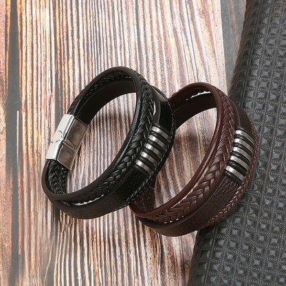 Retro Geometric Leather Titanium Steel Braid Unisex Bangle