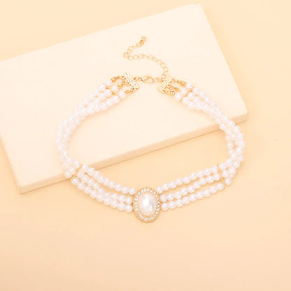 Retro Geometric Oval Pearl Multilayer Necklace