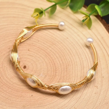 Retro Geometric Pearl Inlay Turquoise Crystal 18k Gold Plated Bangle