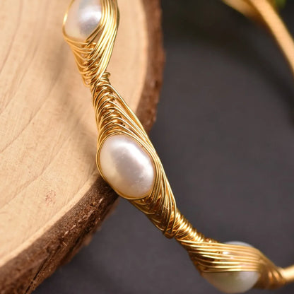 Retro Geometric Pearl Inlay Turquoise Crystal 18k Gold Plated Bangle