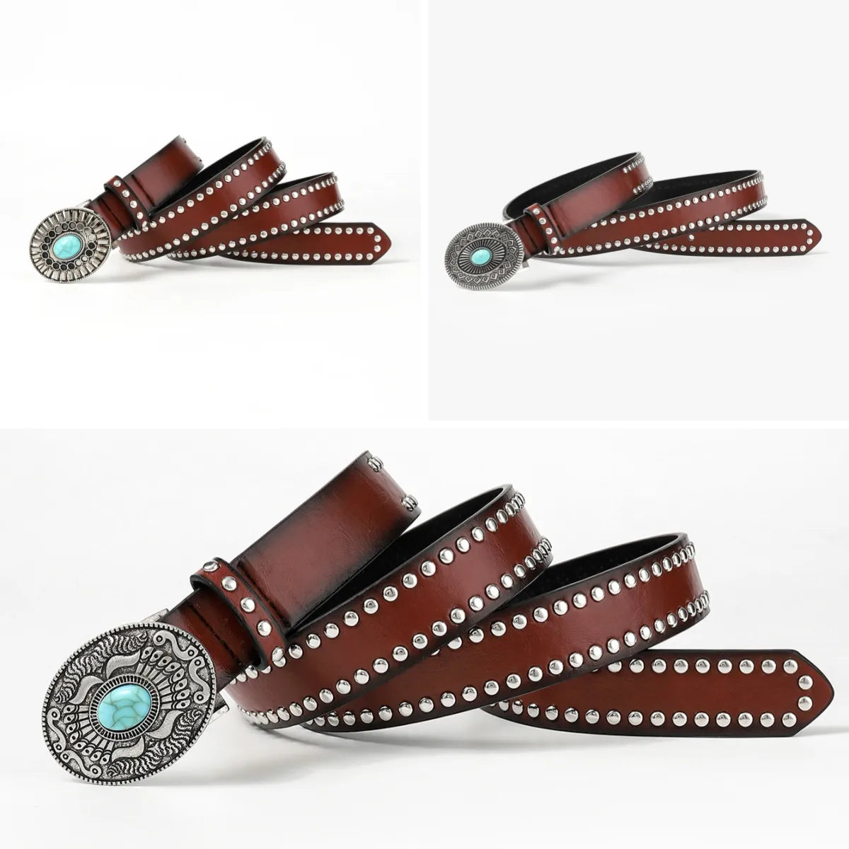 Retro Geometric Pu Leather Inlay Turquoise Unisex Leather Belts