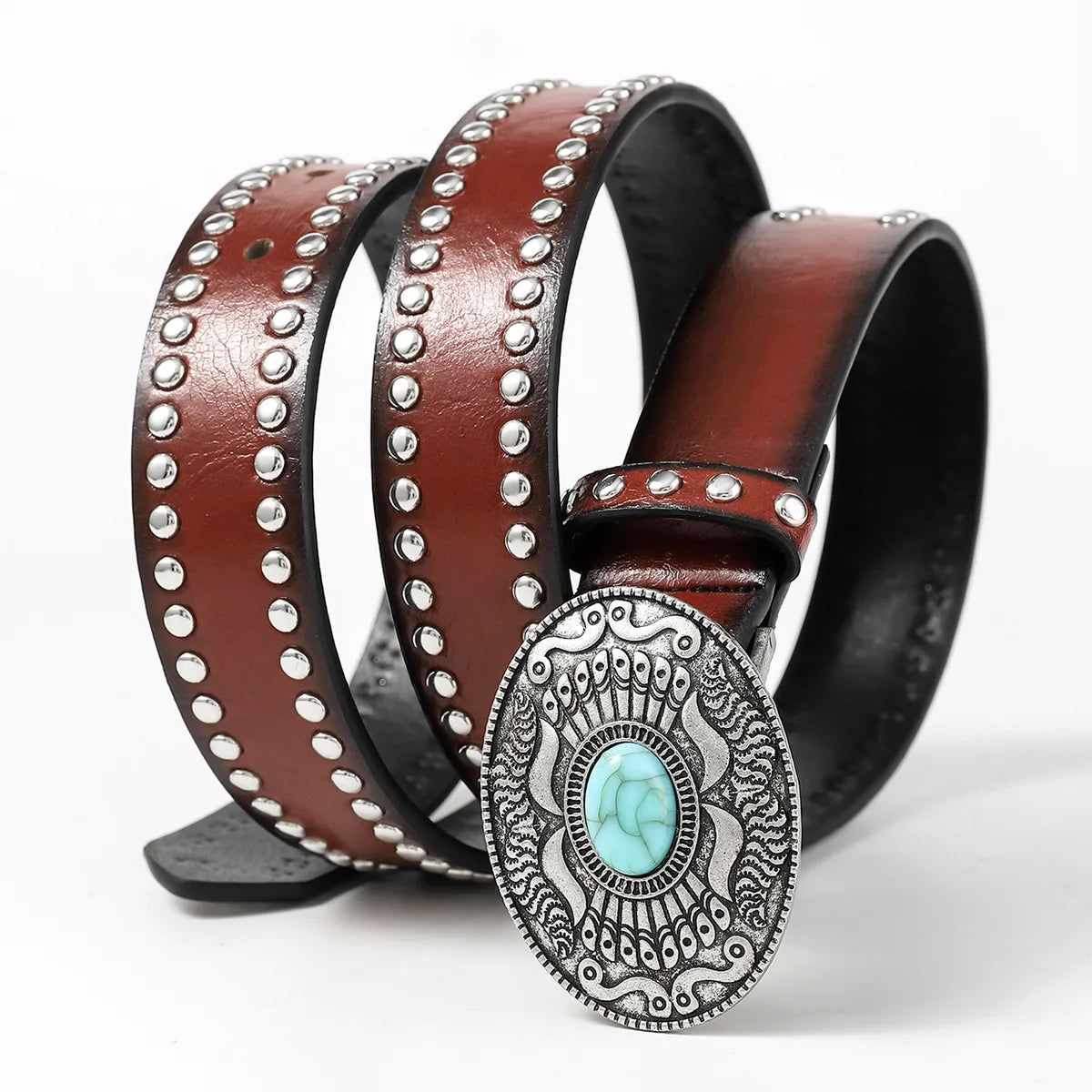 Retro Geometric Pu Leather Inlay Turquoise Unisex Leather Belts