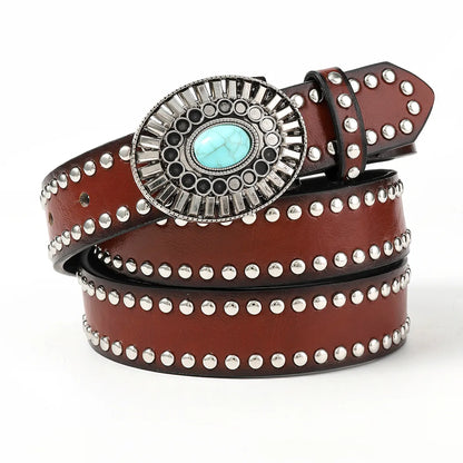 Retro Geometric Pu Leather Inlay Turquoise Unisex Leather Belts