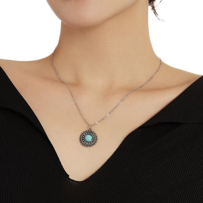 Retro Geometric Round Alloy Zinc Alloy Plating Inlay Turquoise Women's Pendant Necklace