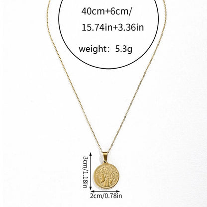 Retro Geometric Round Stainless Steel Indentation Plating Carving Pendant Necklace