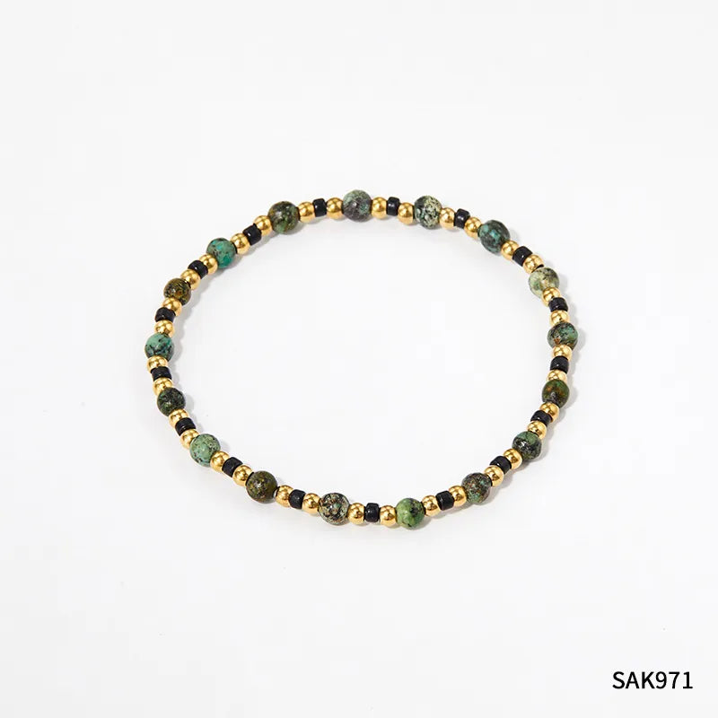 Retro Geometric Stainless Steel Beaded Bracelets Inlay Turquoise Stainless Steel Bracelets