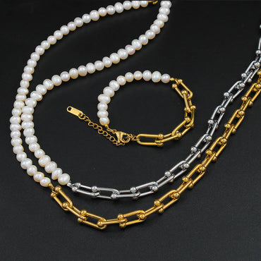 Retro Geometric Stainless Steel Pearl Bracelets Necklace 1 Piece