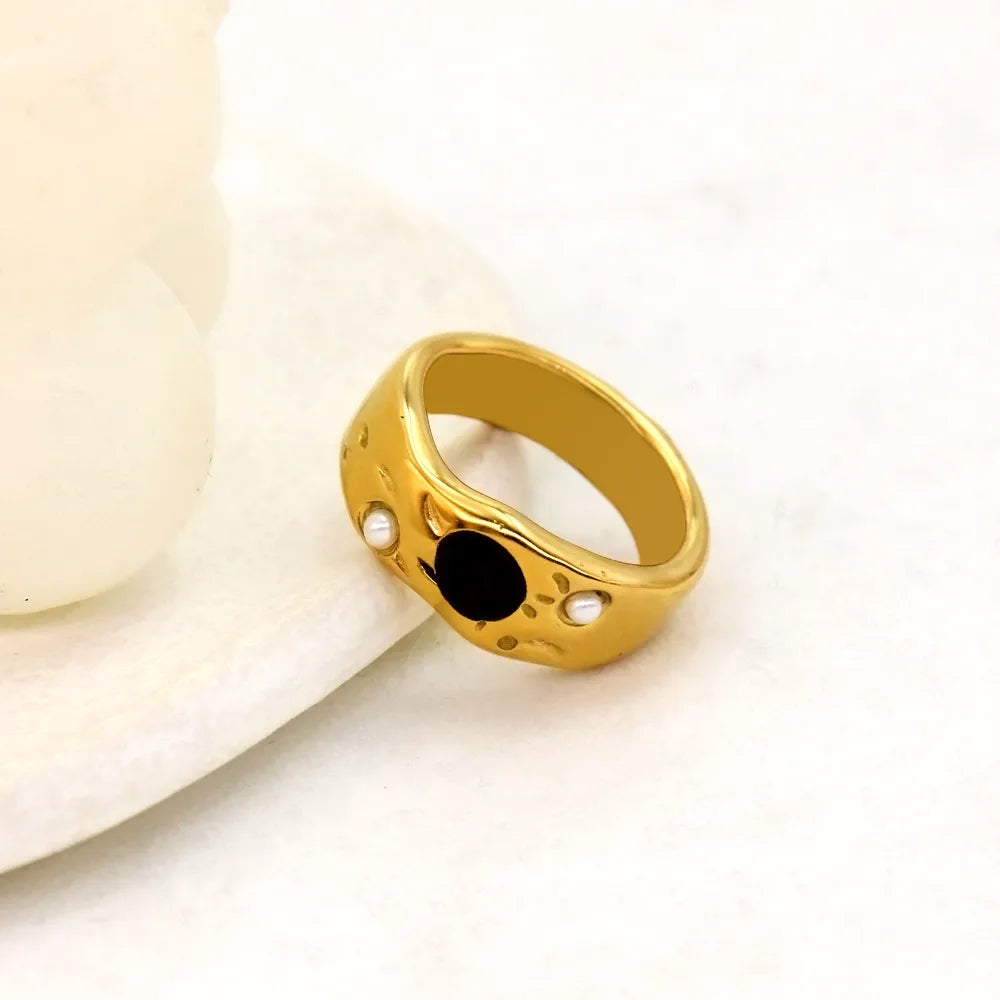 Wholesale Jewelry Retro Geometric 304 Stainless Steel Oil Dripping Glass Pearl 18K Gold Plated Plating Inlay Rings