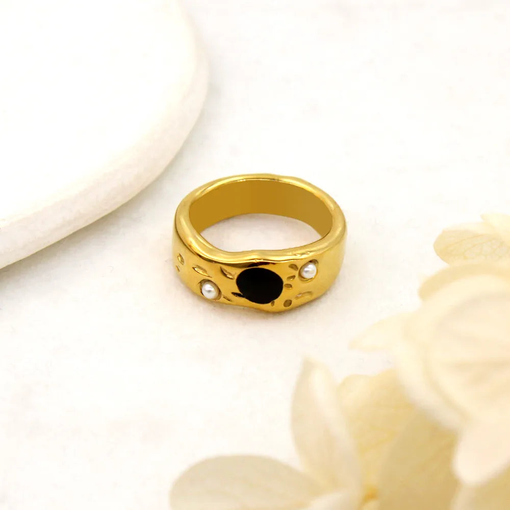 Wholesale Jewelry Retro Geometric 304 Stainless Steel Oil Dripping Glass Pearl 18K Gold Plated Plating Inlay Rings