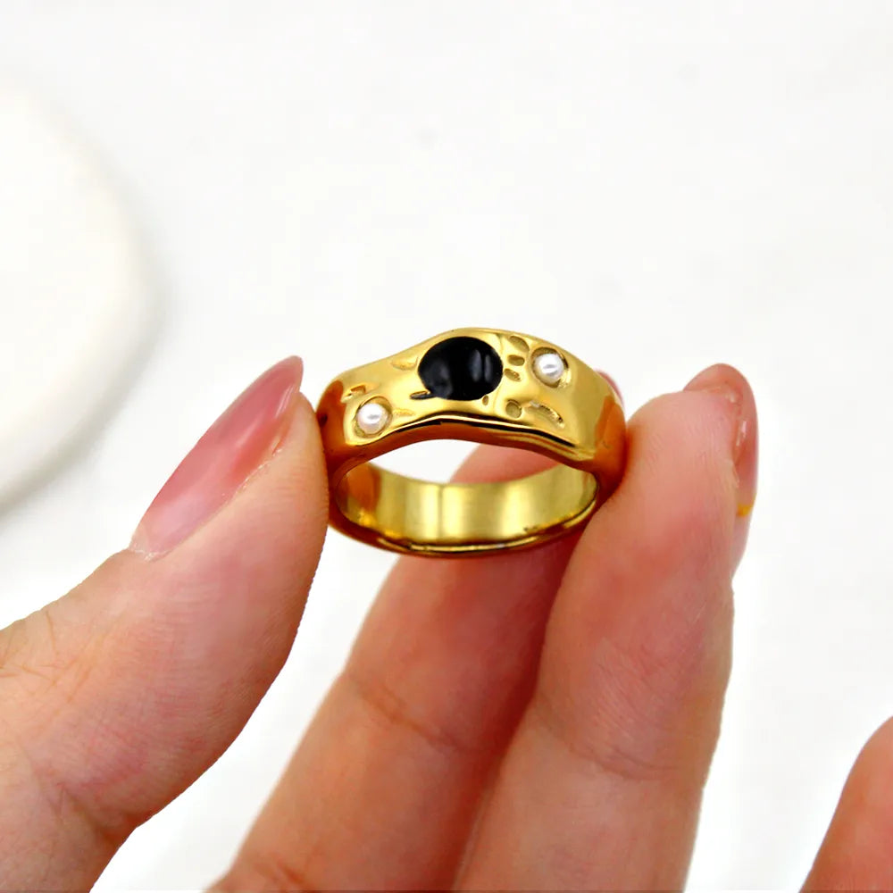 Wholesale Jewelry Retro Geometric 304 Stainless Steel Oil Dripping Glass Pearl 18K Gold Plated Plating Inlay Rings