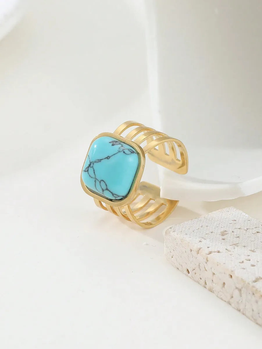 Retro Geometric Stainless Steel Plating Inlay Turquoise 18k Gold Plated Open Rings