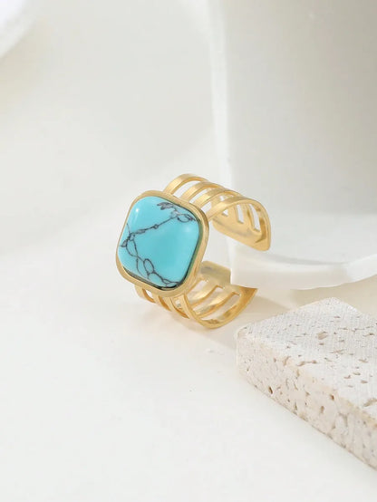 Retro Geometric Stainless Steel Plating Inlay Turquoise 18k Gold Plated Open Rings