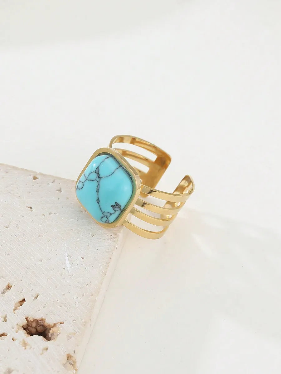 Retro Geometric Stainless Steel Plating Inlay Turquoise 18k Gold Plated Open Rings