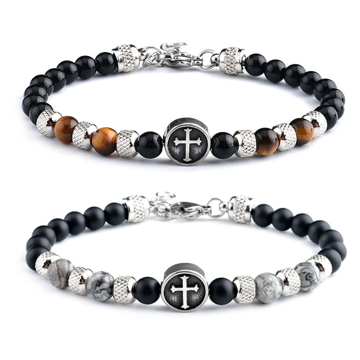 Retro Geometric Stainless Steel Stone Beaded Men'S Bracelets