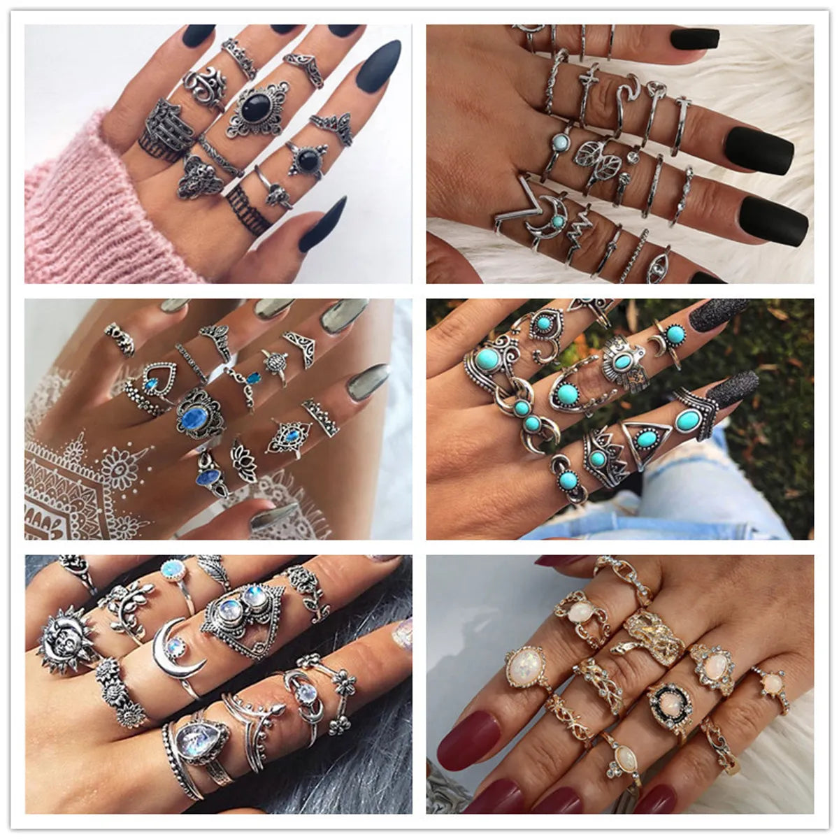 Retro Geometric Stars Feathers Gems Moon Rings Set