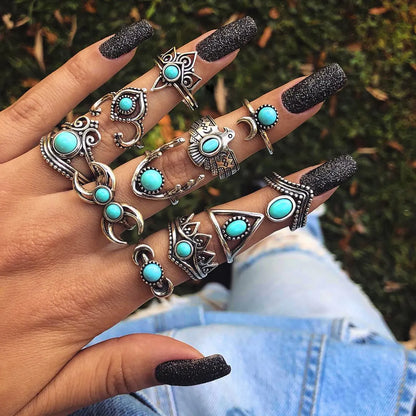 Retro Geometric Stars Feathers Gems Moon Rings Set