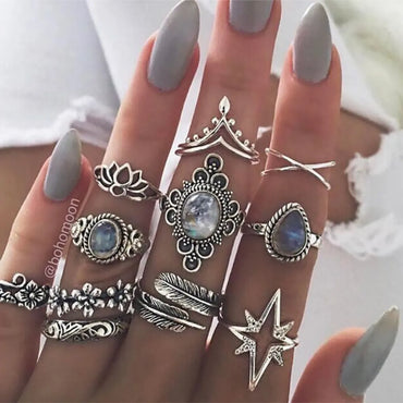 Retro Geometric Stars Feathers Gems Moon Rings Set