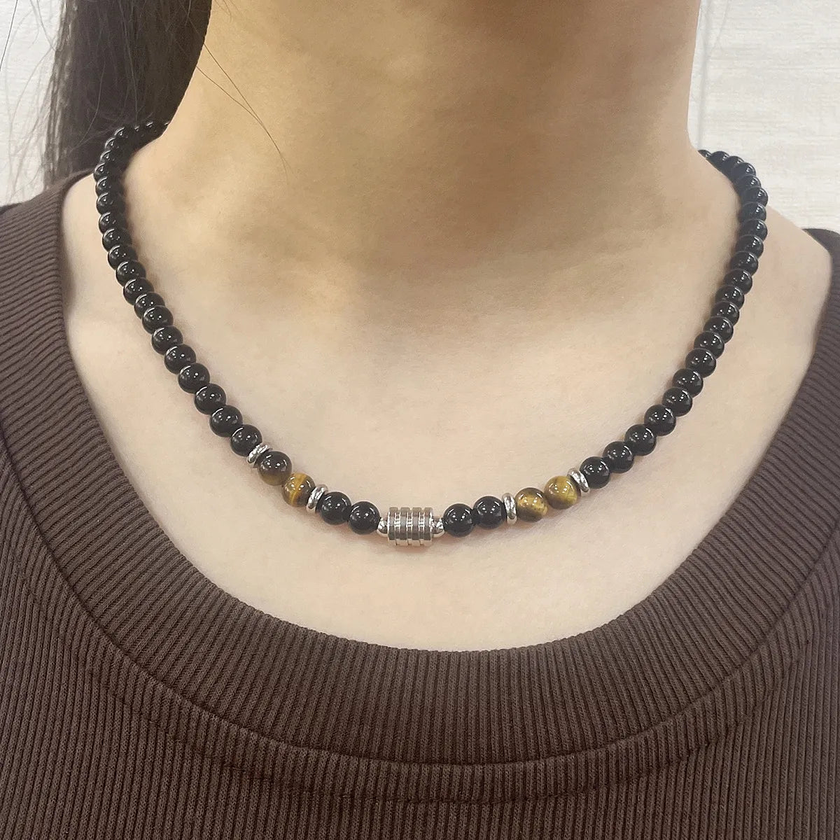 Retro Geometric Tiger Eye Titanium Steel Beaded Plating Unisex Necklace